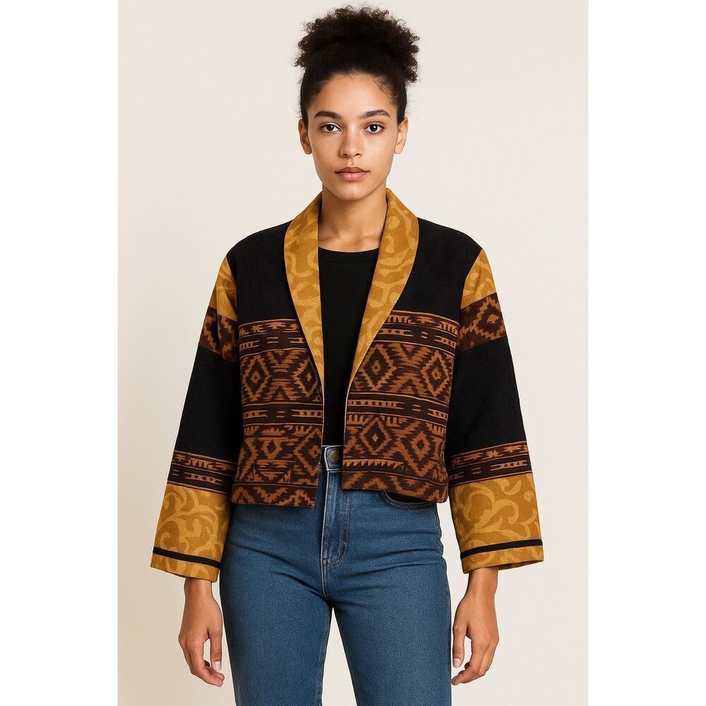 Vintage Flashback Ethnic Boho Patchwork Jacket Gold Black Maroon Southwestern M/ - Picture 2 of 6